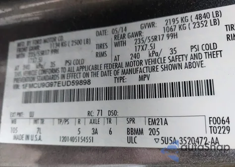 2014 Ford Escape Se из США, поврежденный, VIN 1FMCU9G97EUD59898